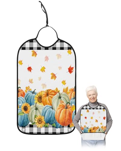 LEOKOTI Orange Blue Teal Pumpkins Fall Adult Bibs for Eating, Waterproof Bibs with Food Catcher & Snap Closure, Black Plaid Maple Leaf Thanksgiving Washable Clothing Protectors Adult Bibs for Elderly