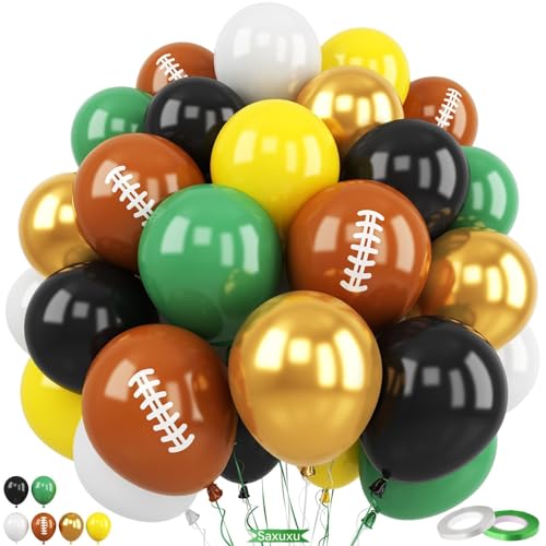 Balões de futebol, 60 unidades de 12 polegadas, verde escuro, amarelo, preto, dourado metálico, balões de festa de futebol para crianças, decoração de festa desportiva, suprimentos de festa