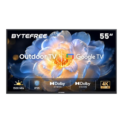 Image of ByteFree 55 inch Outdoor TV 4K UHD Smart Google TV, 1500 Nits IP55 Waterproof, HDR10, Dolby Vision & Atmos, 178° Wide Viewing Angle, Anti Glare, Partial Sun, WiFi & Bluetooth, Patio Backyard Poolside