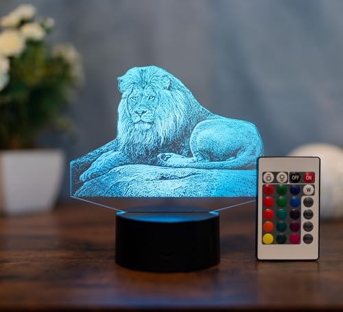 Optechvisual Löwe LED Lampe – 3D Tischlampe mit majestätischem Löwen-Motiv – Farbwechsel & Fernbedienung – Deko für Wohnzimmer, Büro & Safari-Fans – Geschenkidee – Acryl Made in Germany