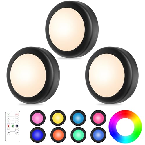 WUYOR Wireless Under Cabinet Lights, 16 Colors LED Under Cupboard Lights, Stick on Wardrobe Lights Under Counter Lights with Remote Control, RGB Brightness Adjustable Puck Lights 3 Packs Black