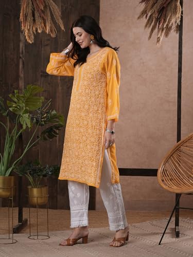 Image of Ada Lucknow Chikankari Hand Embroidered Faux Georgette Kurta Kurti Tunic Dress for Women A95504
