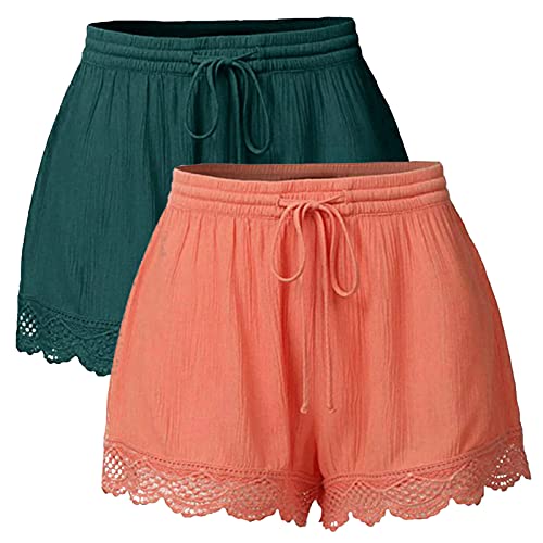 DAOJOSL 2 Pack Plus Size Lounge Shorts for Women Lace Hem Sexy Loose Fit Elastic Wasit Shorts Summer Casual Short Pants(Orange,3XL)
