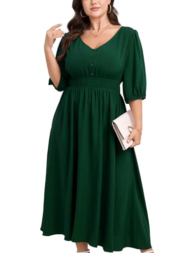Image of SCOMCHIC Women Plus Size Dresses V Neck 3 /4 Sleeve Smocked High Waist Summer Flowy A Line Maxi Dress