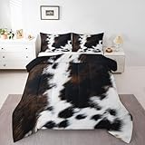 Brown Cowhide Comforter Set Queen,Black White Aztec Cow Print Bedding Set Western Farmhouse Animal Fur Down Comforter for Kids Boys Girls,Rustic Cowboy Quilt Duvet Set 2 Pillow Cases Bedroom Decor