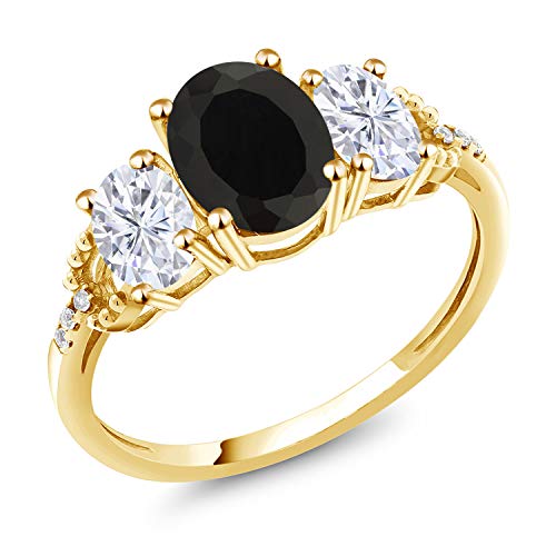 Gem Stone King 10K Yellow Gold Black Onyx White Moissanite and Diamond 3-Stone Engagement Ring | 2.64 Cttw | 3 Stone Wedding Anniversary Promise Ring For Women | Oval 8X6MM and 6X4MM