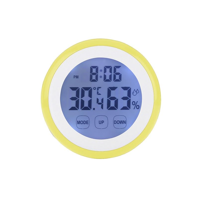 Round Touch Screen Temperature Humidity Meter with Clock Alarm for Household Use