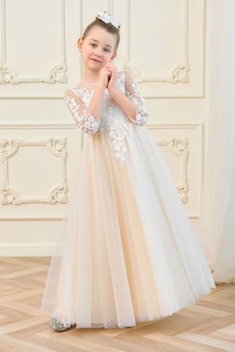 White Ivory Flower Girl Dresses with Long Sleeves First Communion Dress Princess Gown KT2702