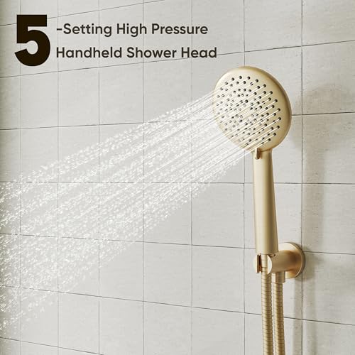 Image of Gabrylly Shower System with Tub Spout, Bathtub Shower Faucet Set with 12 inch Rain Shower head and 5-Setting Handheld Shower, Wall Mounted Shower Fixtures with Pressure Balance Shower Valve, Brushed Gold