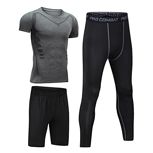 Preisvergleich Produktbild BOOMCOOL Kompressionsanzug Herrenanzug Trainingsanzug 3-teiliges Set atmungsaktives Deo Sportswear Laufanzug Kurzarmhemd Halbhose Strumpfhose schweißabsorbierend und schnelltrocknend Schwarz XL