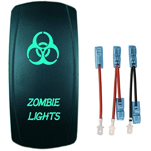 QUNQI STAR 5 pin Laser Backlit Rocker Switch Rock Lights 20A 12V On/Off LED Light Toggle Switch with Jumper Wires Set（Zombie Lights,Green）