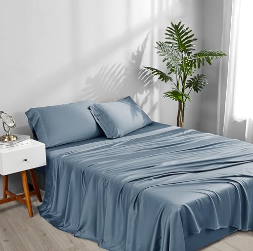 Image of ACCURATEX Cooling Sheets for Hot Sleepers, Twin Size,Dusty Blue | Viscose Made from Bamboo, 3 Pcs Silky Soft Sheet Set, Breathable Cool for Night Sweats, up to 16 inches Deep Pockect