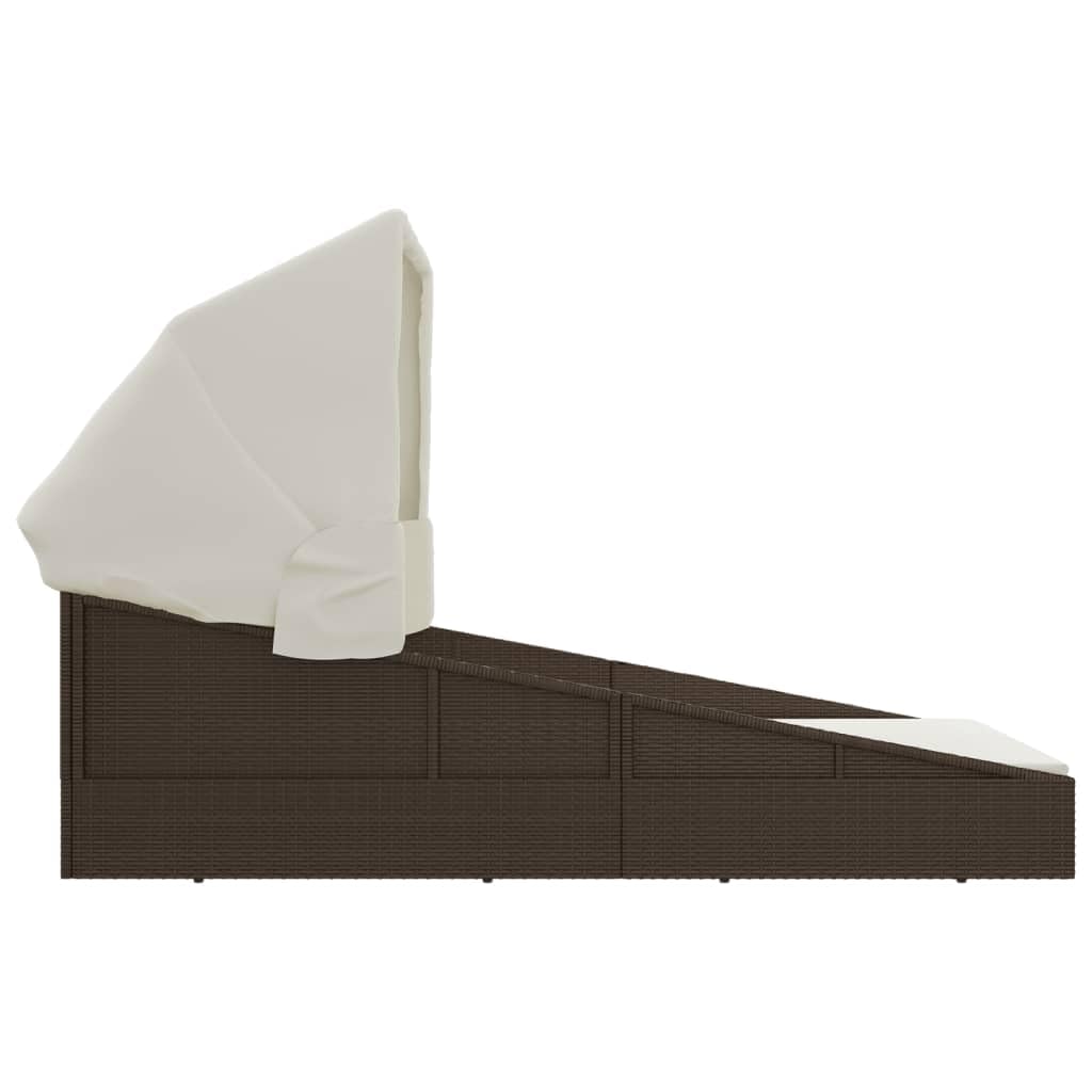 Brązowy leżak ze składanym dachem z polirattanu PE, 200 x 114 x 128 cm, z malowaną proszkowo stalową ramą i grubą wyściółką do ogrodu lub basenu.