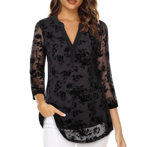 BSBUY Blusas para Mujer, Blusa Mujer Elegante Manga 3/4, Camisas de Mujer Cuello en V, Ligera e Informal, Estilo Casual, Talla Grande(L)