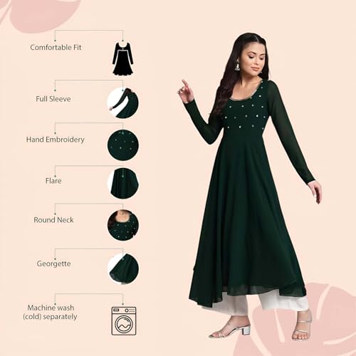 Image of PH POSHAKHUB Georgette Regular Fit Hand Embroidery Anarkali Kurta Set for Women, Yoke Anarkali Kurta for Woman, Ankle Length Anarkali Suit for Women, Full Sleeve Kurti, Dress for Woman