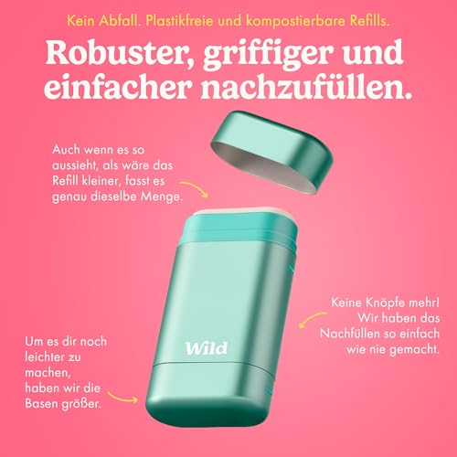 Wild - Natürliches nachfüllbares Deo - Aluminiumsalzfrei - Metallicblauer Deobehälter mit Nachfüll-Sortenpaket - Enthält Fresh Cotton & Sea Salt, Cherry Blossom, Coconut & Vanilla Düfte - Vegan
