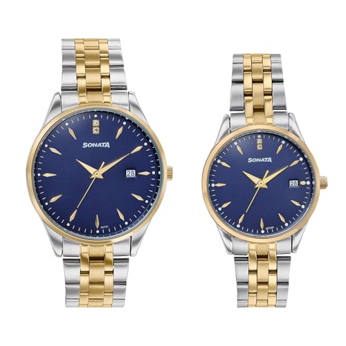 Image of Sonata Jashn with Quartz Analog Blue Dial IPS+IPG Strap Men and Women (Pair) Wedding Watch - 7721087125BM01