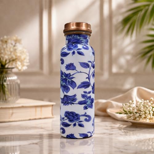 Image of JAIPUR ACE Hammered Pure Copper Water Bottle with Glass Set | 100% Copper Bottle Set | Leak Proof, Ayurvedic Health Benefits, Premium Design Gift Set for Home, Office, Gifting (Royal Blue Floral)