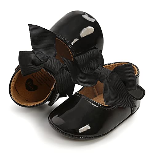 RVROVIC Baby Girls Mary Jane Flats Anti-Slip Rubber Sole Bow Toddler Princess Dress Shoes (6-12 Months Infant, C1-Black)