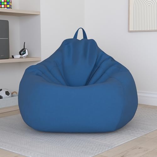 Image of Large Small Lazy Sofas Cover Chairs Without Filler Linen Cloth Lounger Seat Bean Bag Pouf Puff Couch Tatami Living Room Beanbags (Blue, 100x120cm)