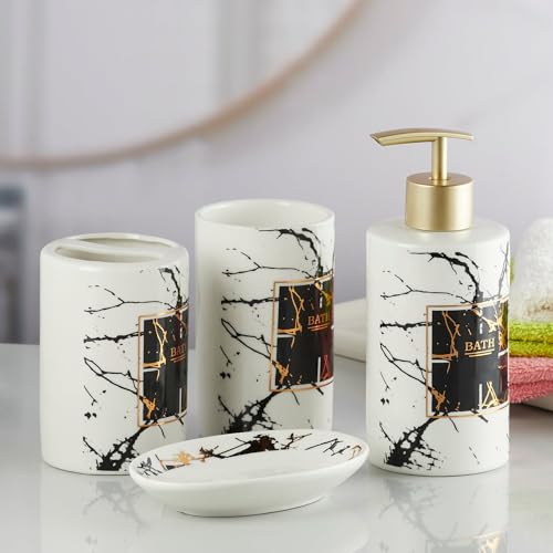 Image of Kookee Ceramic Bathroom Set - Stylish 4 Piece Bath Accessories Kit with Soap Dispenser, Toothbrush Holder, Tumbler & Soap Dish - Modern & Designer Decor for Home & Guest Bathrooms, White /Black (8234)