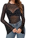 Buauty Women Sheer Mesh Tops Rhinestone Long Bell Sleeve Tops Sparkle Glitter See Through Blouses Elegant Party Shirts Shiny Black