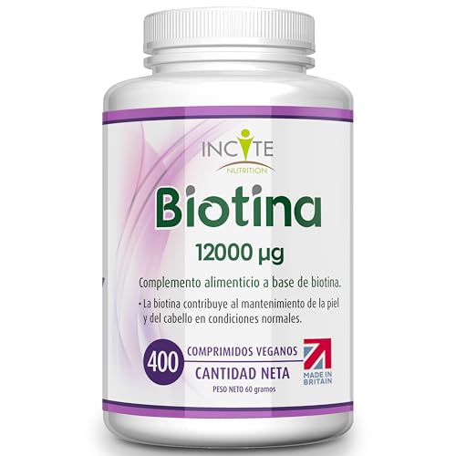 Incite Nutrition Biotina suplemento para el crecimiento del cabello 12,000mcg, Tabletas de 6mm (Suministro para todo un año) para Hombres y Mujeres, Hecho en el Reino Unido 400 unidades (paquete de 1)