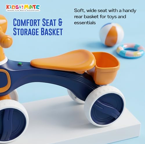 Image of Kidsmate Tiny Glide Baby Push Ride On Toy with Music & Lights | Storage Basket, 4-Wheel Stable Design for Balance, Coordination & Active Growth | Perfect Toddler Mini Bike for 1-4 Yrs - Blue Orange