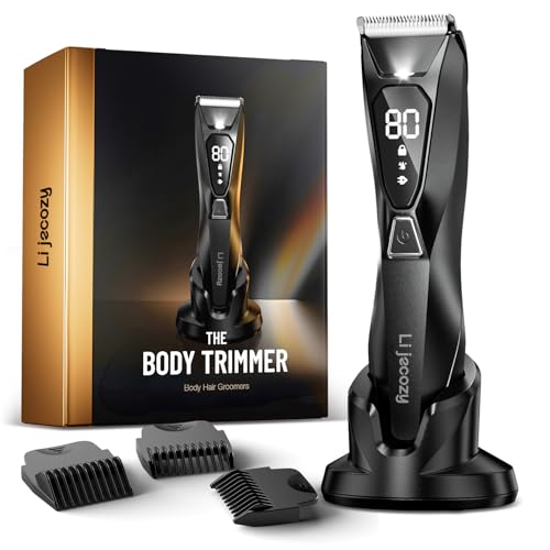 Lijecozy Pubic Hair Trimmer for Man - Cordless Body Hair Trimmer for Men - Electric Ball Shaver with Display & Light - Waterproof Wet/Dry Groomer kit for Groin - 4000K Light - Cosmic Black