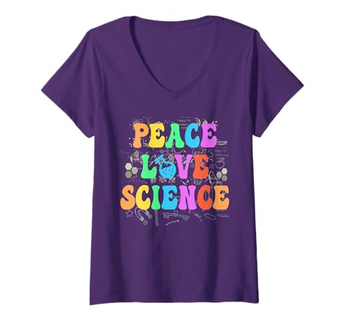 Womens Groovy PEACE LOVE SCIENCE Technology Team STEM Squad Math V-Neck T-Shirt
