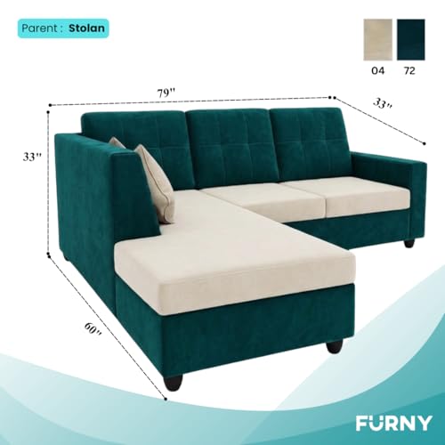 Image of FURNY Nathan 4 Seater L Shape Sofa Set LHS (Green Teal-Cream) | Suede Velvet Finish | Durable Comfort Sofa for Modern Living Room & Office Spaces