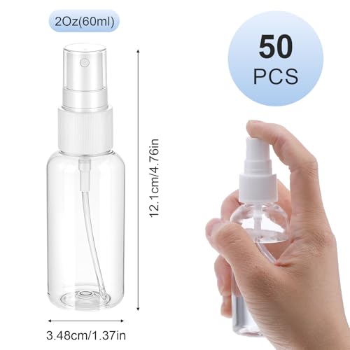50pcs 2oz Mini Spray Bottles Fine Mist,Mini Clear Small Spray Bottle,Empty Travel Spritz Bottle with Pump Transparent Caps,Reusable Liquid Containers for Essential Oils Perfumes Travel Cosmetics2