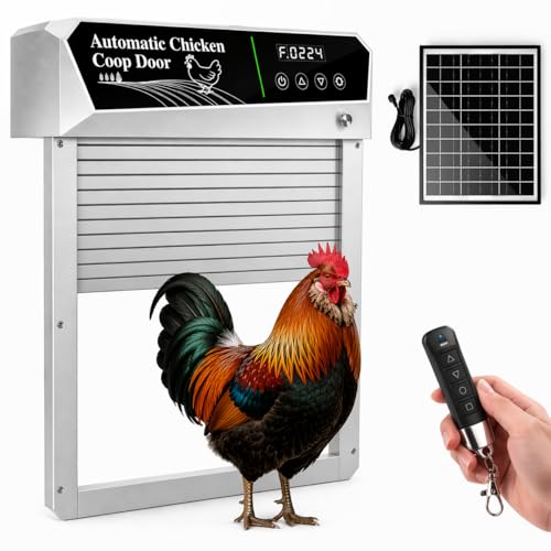 Automatic Chicken Coop Door Solar Powered Roll-Up Auto Chicken Door with Timer & Light Sensor Anti-Pinch Safety Weatherproof Aluminum Remote Control