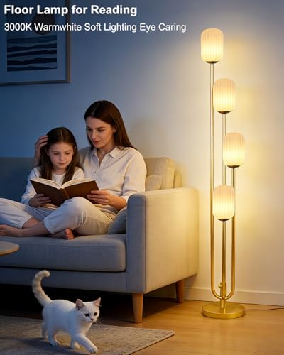 Image of Lightdot Gold Floor Lamp 4-Lights Dimmable Floor Lamps with Cylinder Shade 3000K Bulbs Included Unique Modern Standing Tall Lamp with 5Lbs Heavy Base for Living Room /Bedroom /Sofa Beside /Corner Decor
