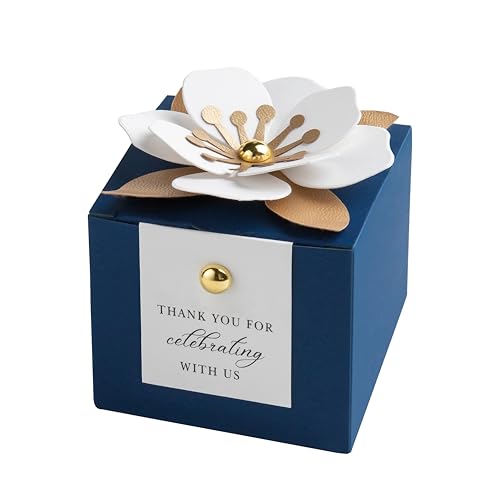 FEIYI 20 PCS Candy Boxes, 3 In 1 Navy Blue Favor Boxes with Floral Decor, White Thank You Tags Gift wrapping for Wedding Birthday Baby Shower Decorations Party -2.55x2.55x2.55''