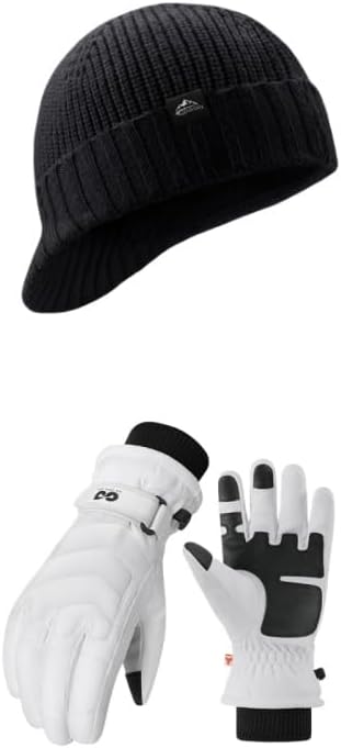 Winter Ski Snow Gloves & Beanie Hat with Brim for Adults Men Women Youth Cold Weather Skiing Snowboard Gear