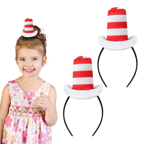 2 Pcs Cat Headband with Red and White Striped Hat Dr Suess Hat The Book Character Costume 100 Days of School Costume for Girls Women Men Halloween Cute Headwear Halloween Party Cosplay Accessories