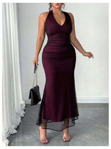 Women's Plus Size Ruffle Halter Dress V Neck Fishtail Bodycon Party Long Mesh Dresses4