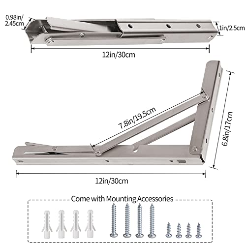 Image of YUMORE Folding Shelf Brackets 12 inch, Max Load: 330lb Heavy Duty Stainless Steel Collapsible Shelf Bracket for Table Work Bench, Space Saving DIY Bracket, Pack of 2