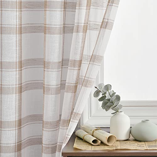 Kotile Buffalo Checked Curtains 84 Inch Length - Faux Linen Textured Farmhouse Plaid Sheer Curtains For Living Room, Privacy Grommet Window Gingham Curtain Panels, 52 X 84 Inch, 2 Panels, Taupe #TOP2