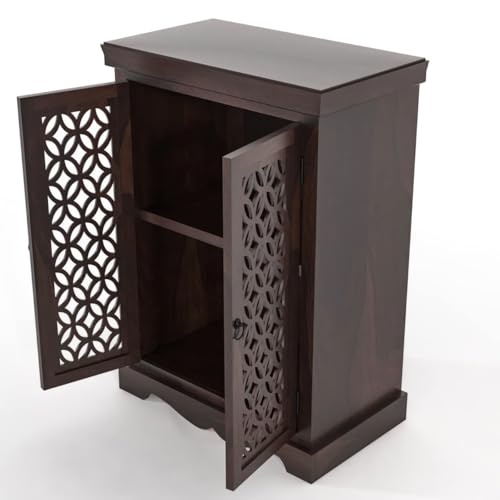 Image of Solid Sheesham Wood Sideboard and Cabinets | Wooden Side Board Small Cabinet for Living Room | Free Standing Buffet Cabinet with 2 Door Cabinet Storage | Rosewood, Walnut Finish