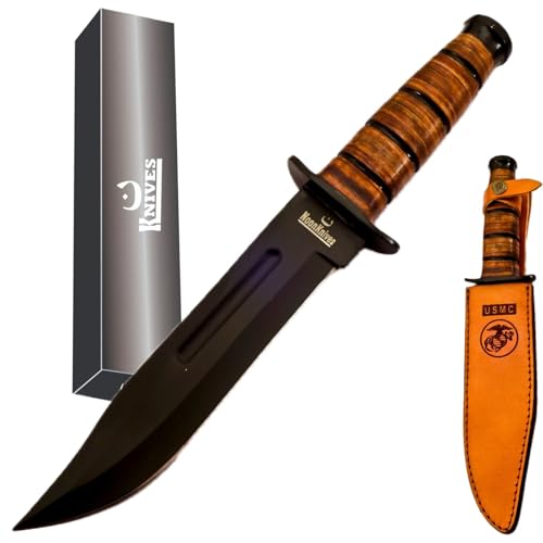 Combat Knife with Leather Sheath - Stainless Steel Blade, Clip Po...