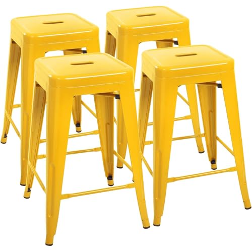 Image of Devoko Metal Bar Stools 24 inch Indoor Outdoor Stackable Barstools Modern Style Industrial Vintage Counter Bar Stools Set of 4 (24 inch, Yellow)