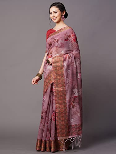 Image of AKHILAM Women's Ikat Linen Saree With Blouse Piece
