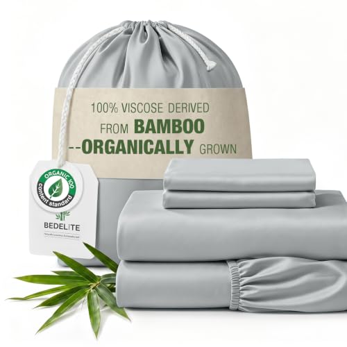 Image of BEDELITE Bamboo Viscose Sheet Set, Queen Size, 4 Pieces, Grey | 100% Organically Grown, 18 Inch Deep Pocket, All Round Elastic & Corner Straps, Luxury Silky Cooling Sheets for Hot Sleepers