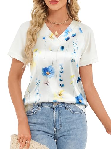 Funlingo Spring Tops for Women Trendy Silk Short Sleeve Shirts Satin V Neck Floral Blouses Summer Fashion Clothing Vacation Tshirts 2XL