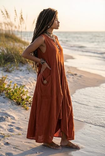 Image of Thaluta Women's Boho Cotton Sleeveless Dress Casual Loose Fit Maxi Dress with Big Pockets Fair Trade Light Summer Sundress