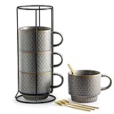 Gomakren Coffee Mugs Set of 4, 13 Ounce Stackable Coffee Mugs with Stand, Christmas Ceramic Coffee Cups with Spoon for Coffee, Espresso, Cappuccino, Latte, Cocoa, Tea and Milk, Light Gray