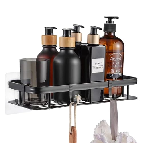 Image of SHALVI Black ‎Plastic Self Adhesive Bathroom Shelf with Wall Mounted Toothbrush Holder /Bathroom Shelf for Wall /Toothbrush Holders for Toothbrushes