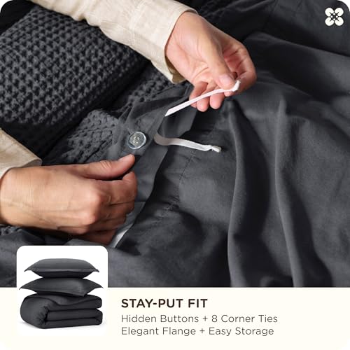 Image of Bedsure Cotton Duvet Cover Set - 100% Cotton Waffle Weave Charcoal Duvet Cover California King Size, PureWoven Breathable Cal King Bedding Set for All Season, 3 Pieces, 104 inchx98 inch